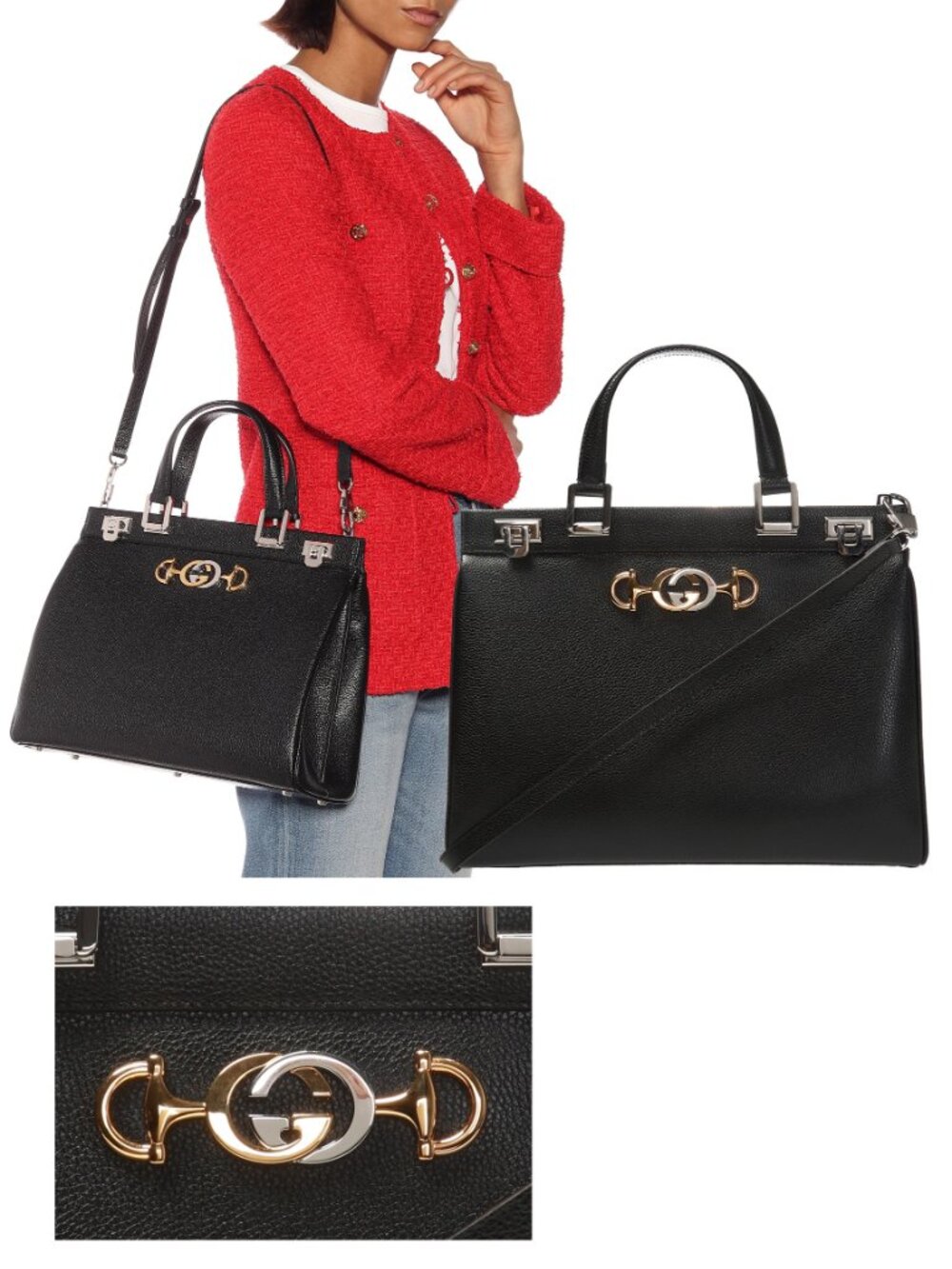 GUCCI BAG 564714 ZUMI MEDIUM GRAINY BLACK LEATHER TOP HANDLE INTERLOCKING G LOGO